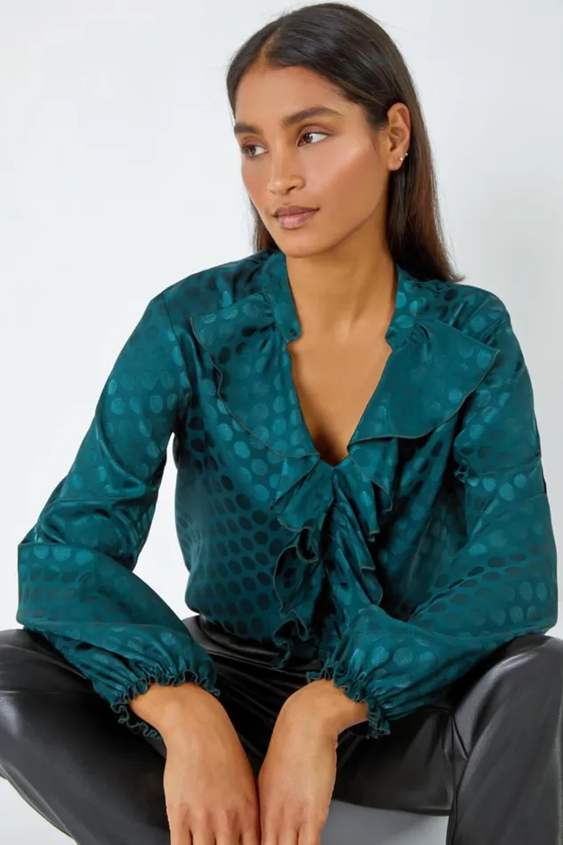 Women Forest Spot Print Ruffle Trim Stretch Top Roman Tops