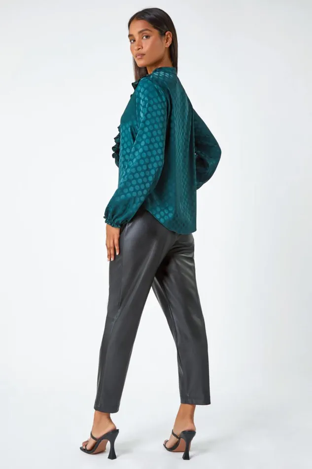 Women Forest Spot Print Ruffle Trim Stretch Top Roman Tops