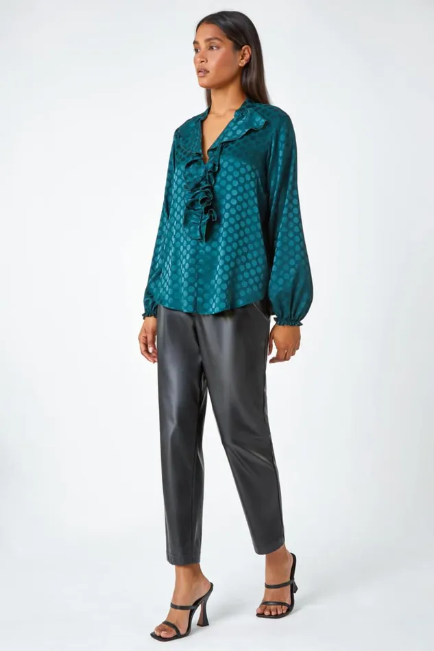 Women Forest Spot Print Ruffle Trim Stretch Top Roman Tops