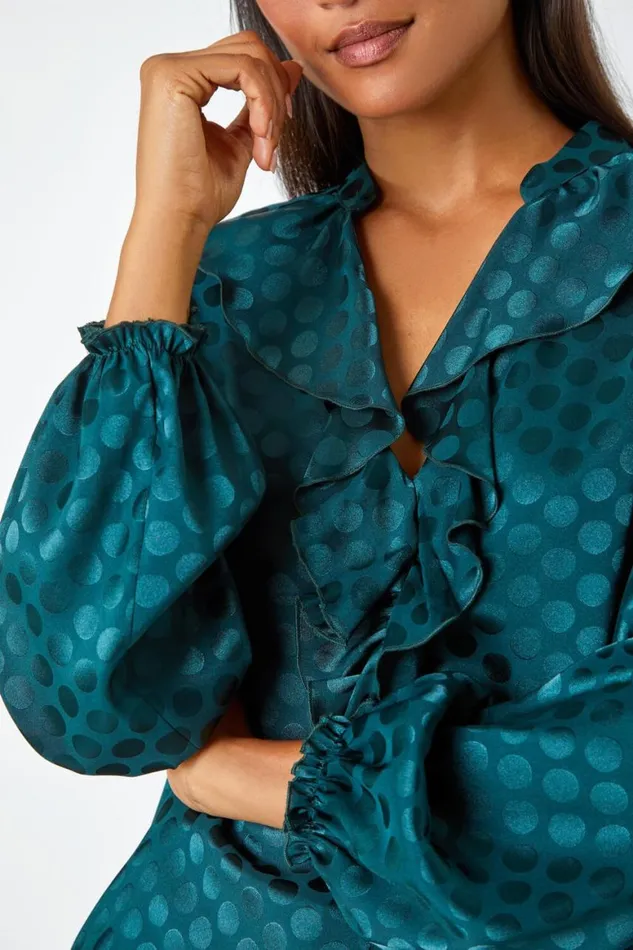 Women Forest Spot Print Ruffle Trim Stretch Top Roman Tops