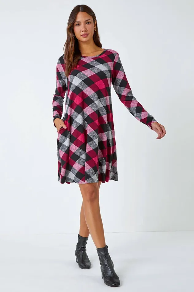 Women Fuchsia Check Print Swing Stretch Dress Roman Dresses