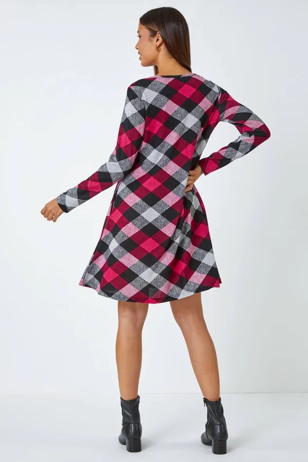 Women Fuchsia Check Print Swing Stretch Dress Roman Dresses