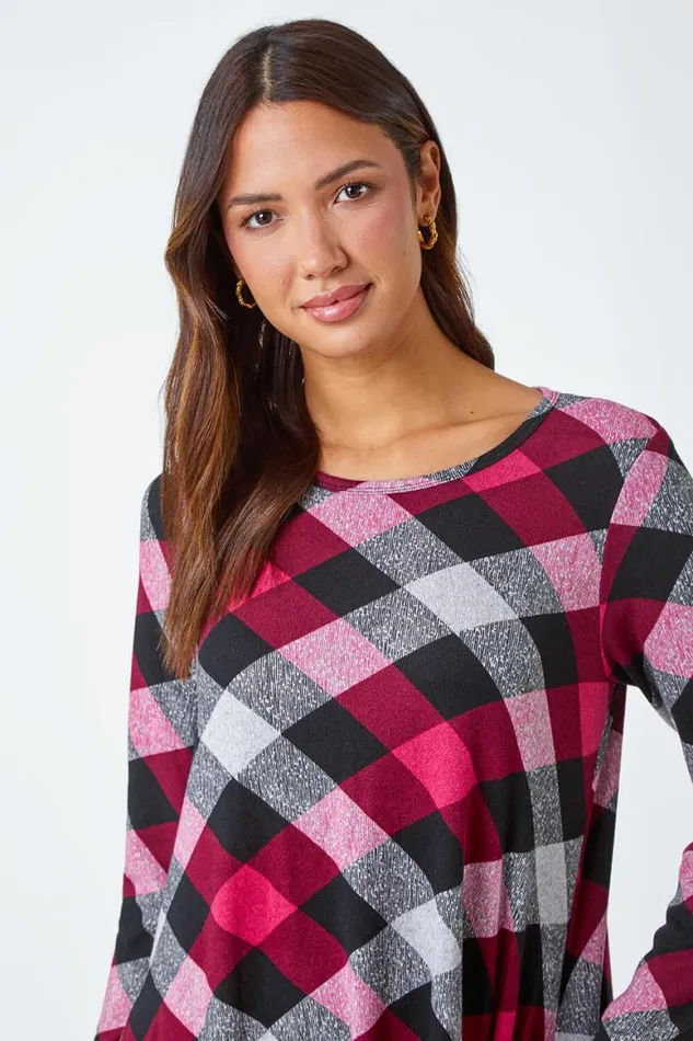 Women Fuchsia Check Print Swing Stretch Dress Roman Dresses