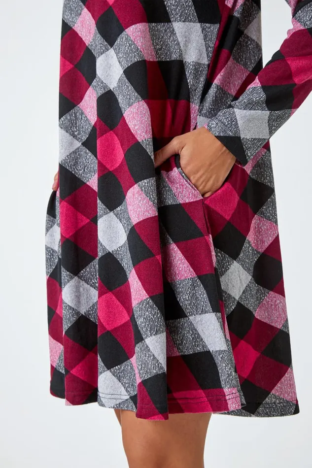 Women Fuchsia Check Print Swing Stretch Dress Roman Dresses