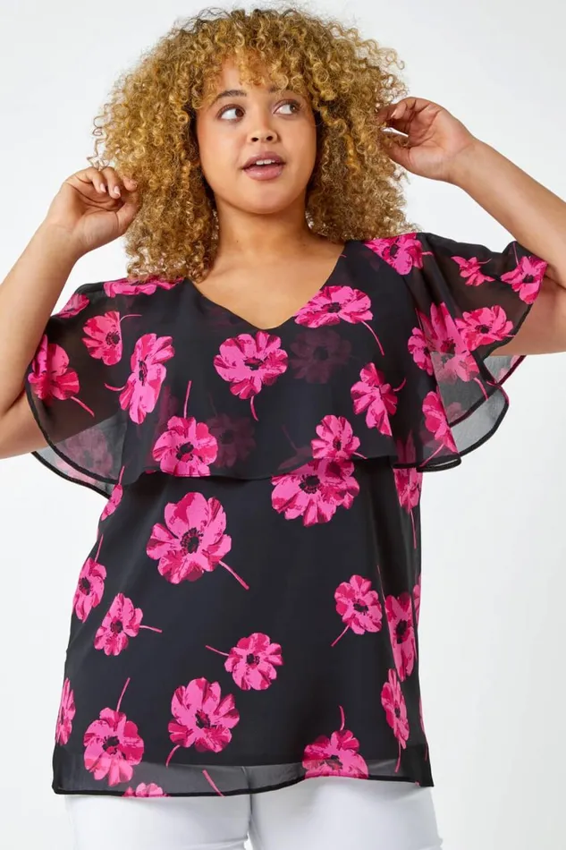 Women Fuchsia Curve Floral Chiffon Overlay Top Roman Tops