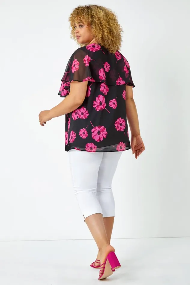 Women Fuchsia Curve Floral Chiffon Overlay Top Roman Tops