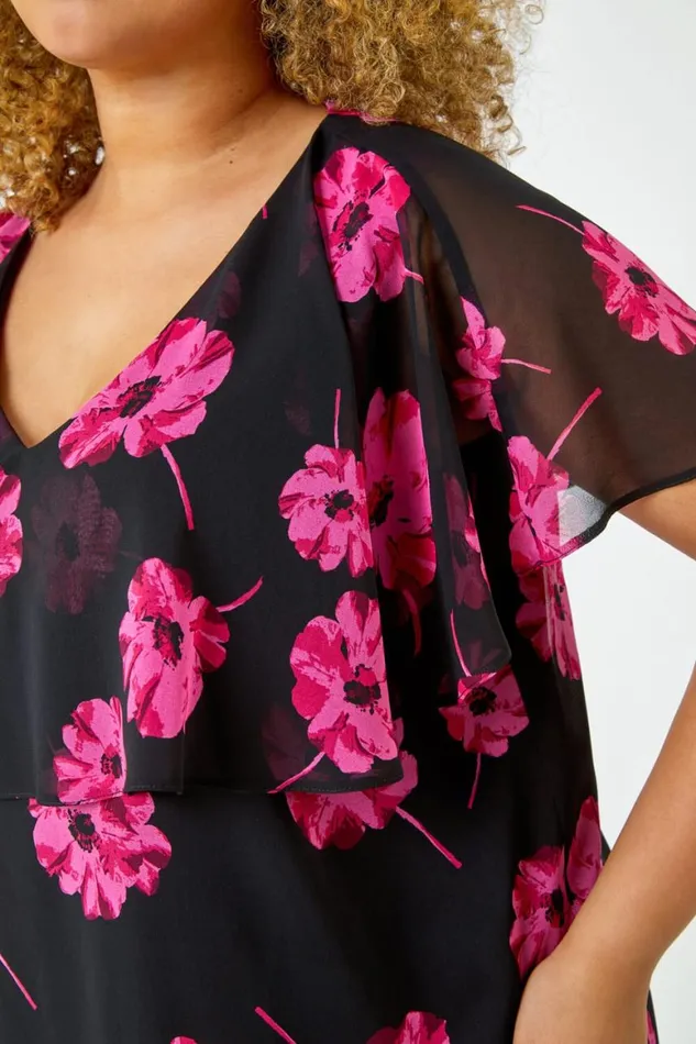 Women Fuchsia Curve Floral Chiffon Overlay Top Roman Tops