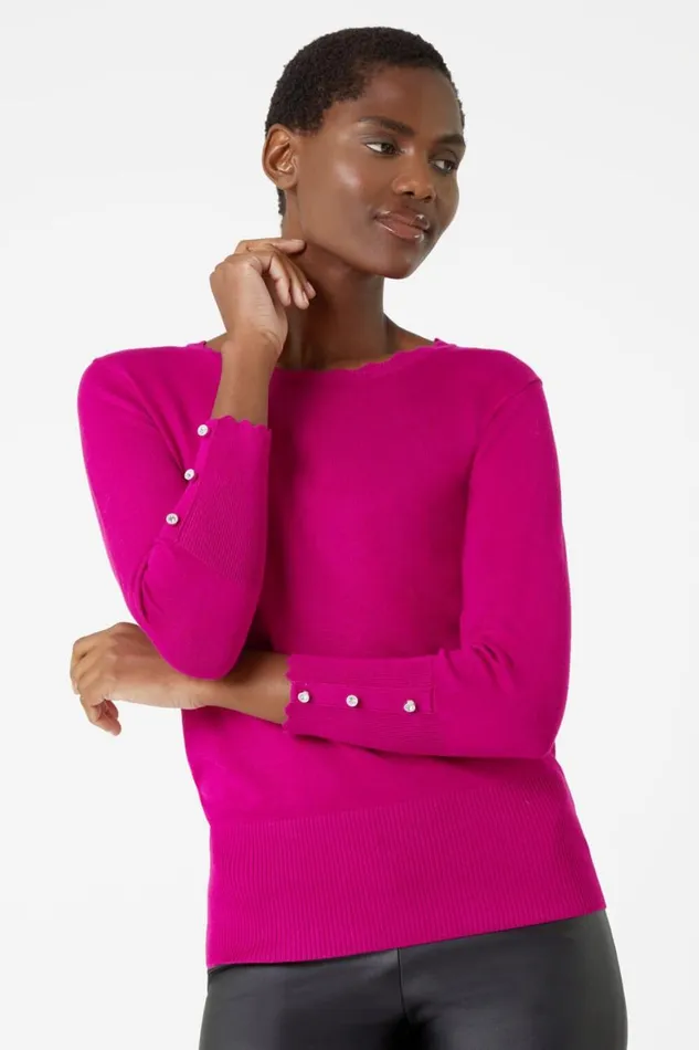 Women Fuchsia Diamante Button Scallop Edge Jumper Roman Knitwear