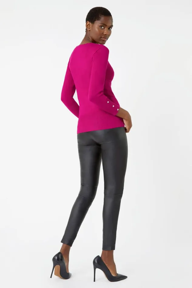 Women Fuchsia Diamante Button Scallop Edge Jumper Roman Knitwear