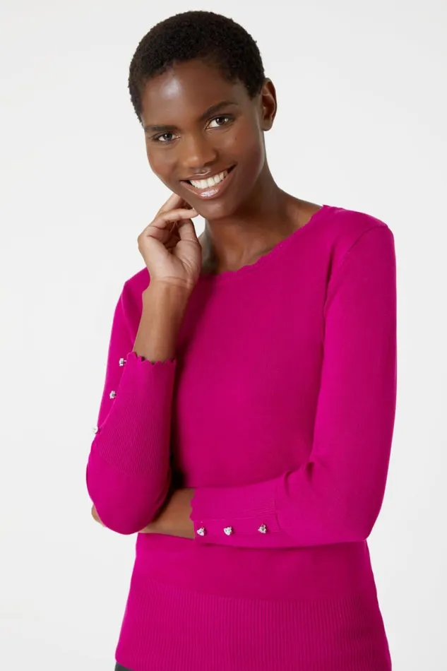 Women Fuchsia Diamante Button Scallop Edge Jumper Roman Knitwear