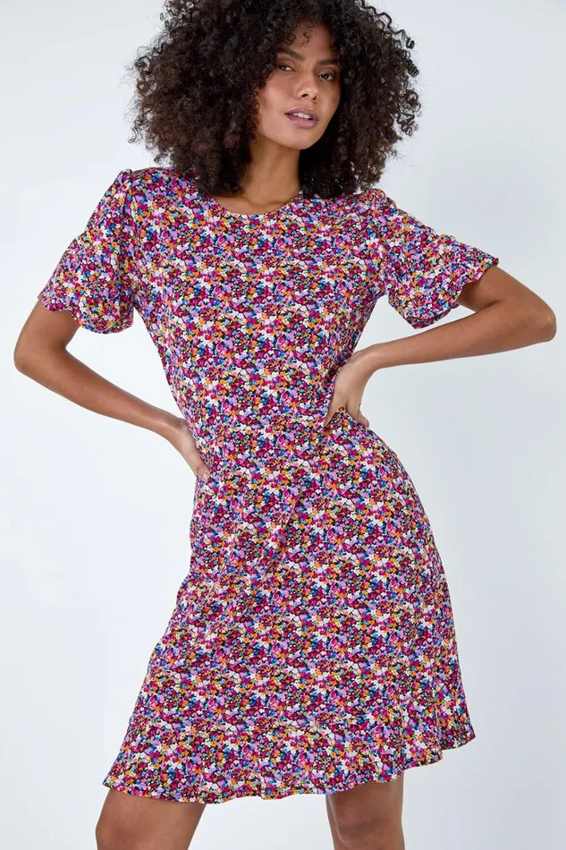 Women Fuchsia Ditsy Floral Print Dress Roman Dresses