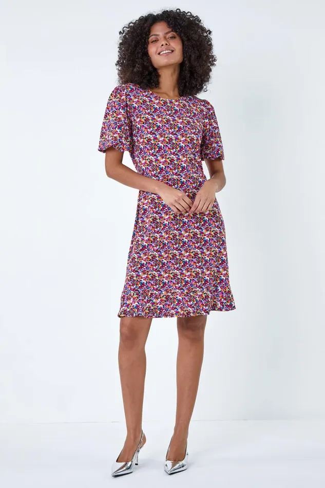 Women Fuchsia Ditsy Floral Print Dress Roman Dresses
