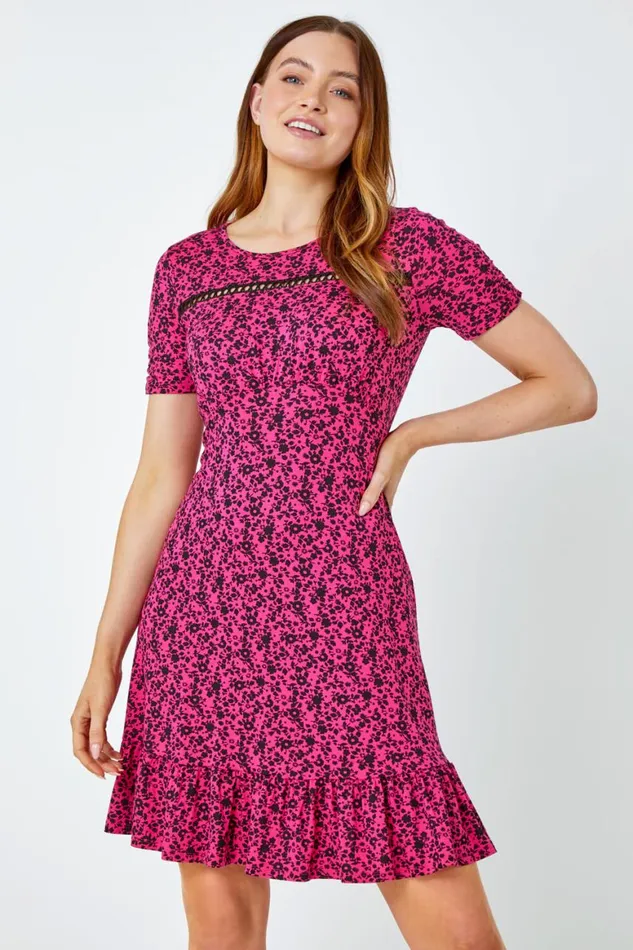 Women Fuchsia Floral Lace Detail Jersey Dress Roman Dresses