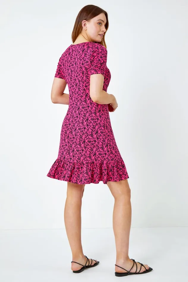 Women Fuchsia Floral Lace Detail Jersey Dress Roman Dresses