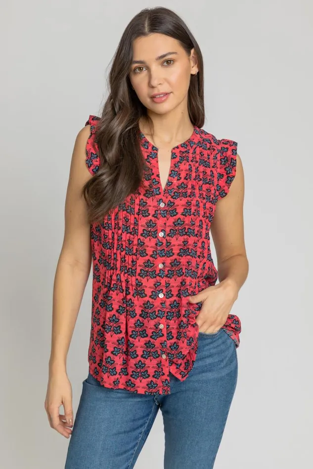 Women Fuchsia Sleeveless Frill Detail Floral Blouse Roman Tops