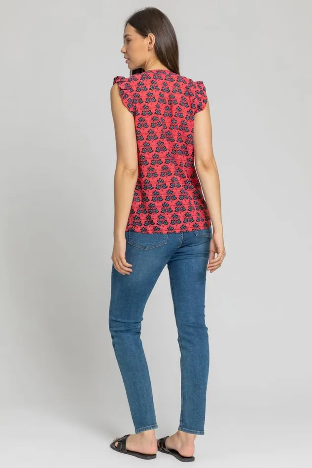 Women Fuchsia Sleeveless Frill Detail Floral Blouse Roman Tops