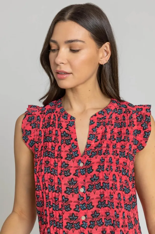 Women Fuchsia Sleeveless Frill Detail Floral Blouse Roman Tops