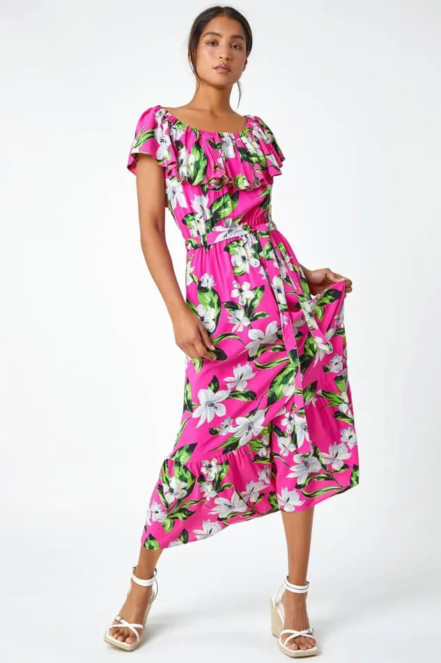 Women Fuchsia Tropical Bardot Stretch Midi Dress Roman Dresses