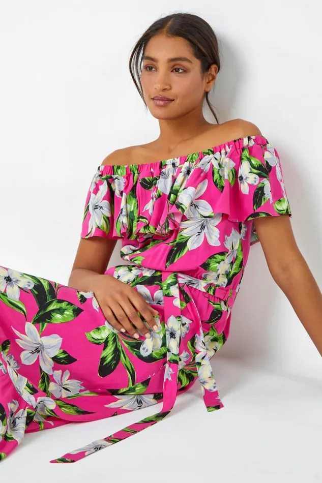 Women Fuchsia Tropical Bardot Stretch Midi Dress Roman Dresses