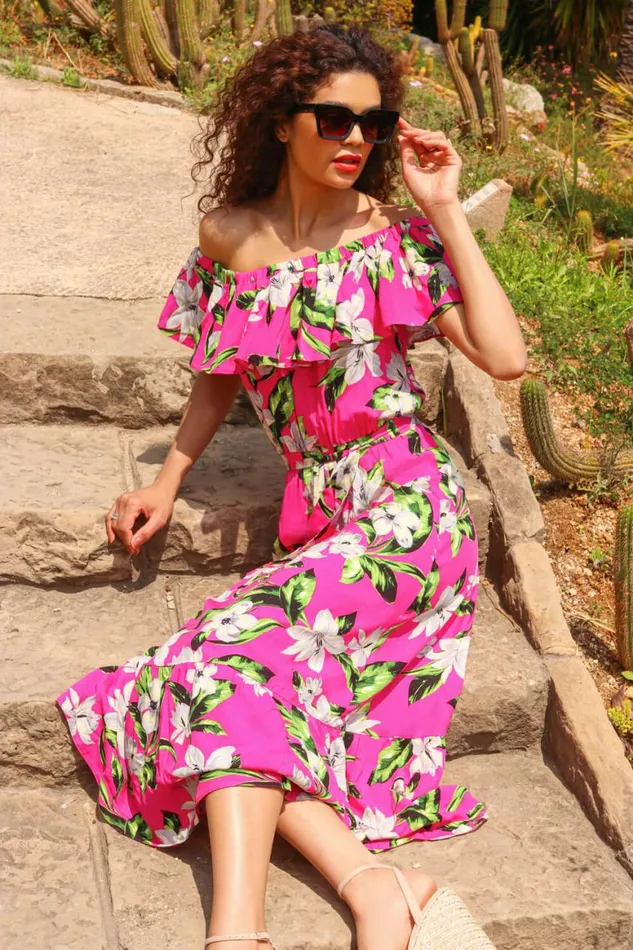 Women Fuchsia Tropical Bardot Stretch Midi Dress Roman Dresses