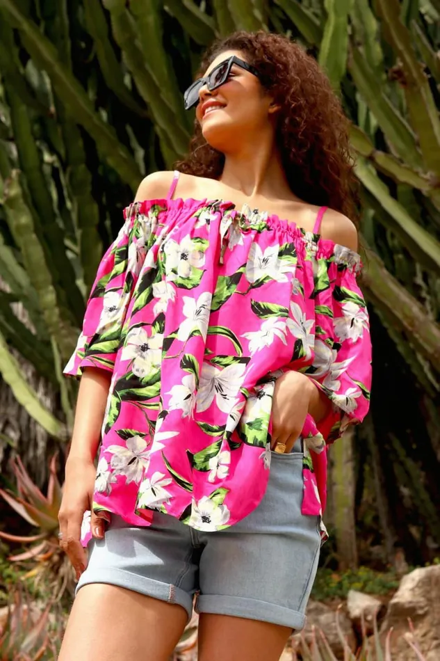 Women Fuchsia Tropical Cold Shoulder Bardot Top Roman Tops