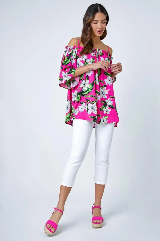 Women Fuchsia Tropical Cold Shoulder Bardot Top Roman Tops