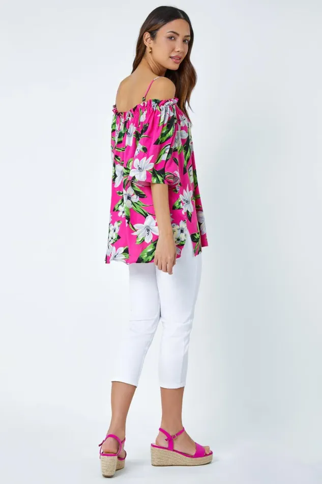 Women Fuchsia Tropical Cold Shoulder Bardot Top Roman Tops