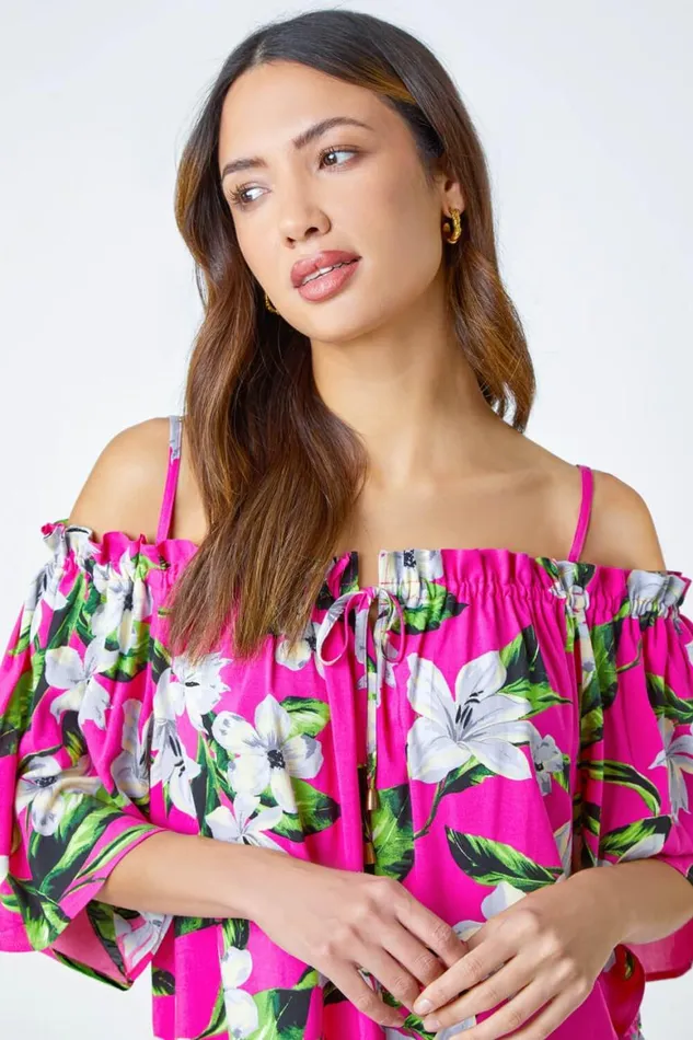Women Fuchsia Tropical Cold Shoulder Bardot Top Roman Tops