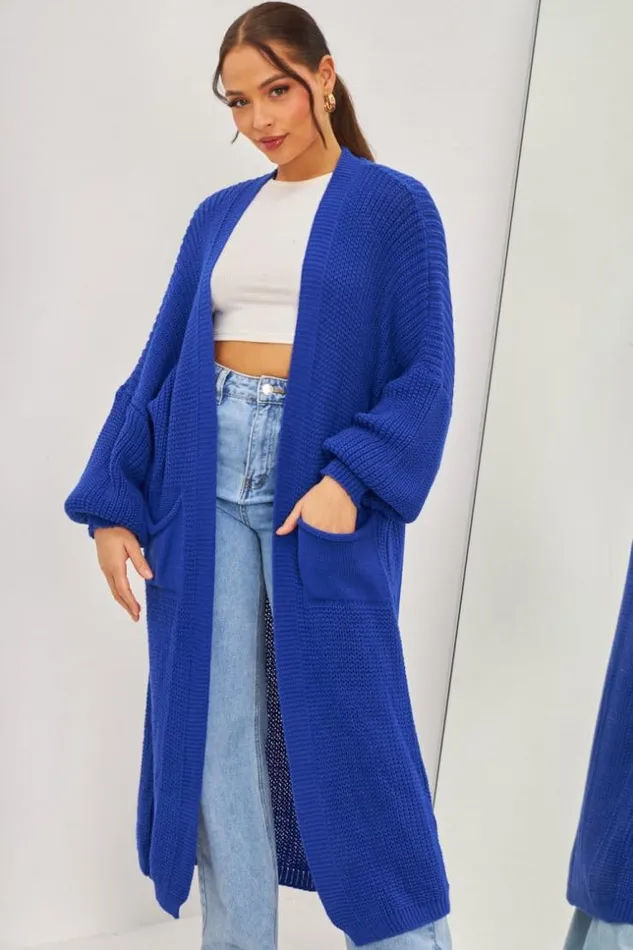 Women Gilet Long Bleu lectrique En Grosses Mailles Blue Brentiny Paris Cardigans