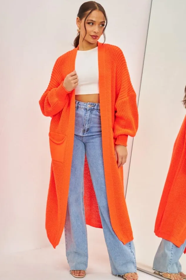 Women Gilet Long Orange Fluo En Grosses Mailles Orange Brentiny Paris Cardigans