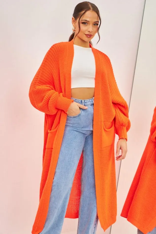 Women Gilet Long Orange Fluo En Grosses Mailles Orange Brentiny Paris Cardigans Women Gilet Long Orange Fluo En Grosses Mailles Orange Brentiny Paris Cardigans