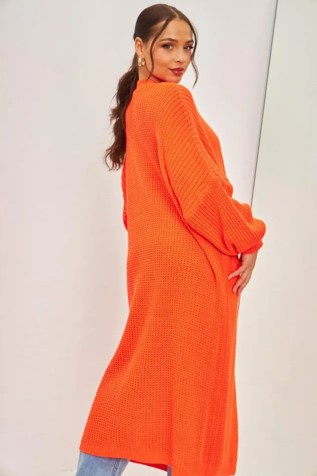 Women Gilet Long Orange Fluo En Grosses Mailles Orange Brentiny Paris Cardigans Women Gilet Long Orange Fluo En Grosses Mailles Orange Brentiny Paris Cardigans