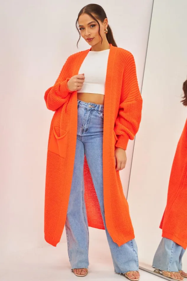 Women Gilet Long Orange Fluo En Grosses Mailles Orange Brentiny Paris Cardigans Women Gilet Long Orange Fluo En Grosses Mailles Orange Brentiny Paris Cardigans