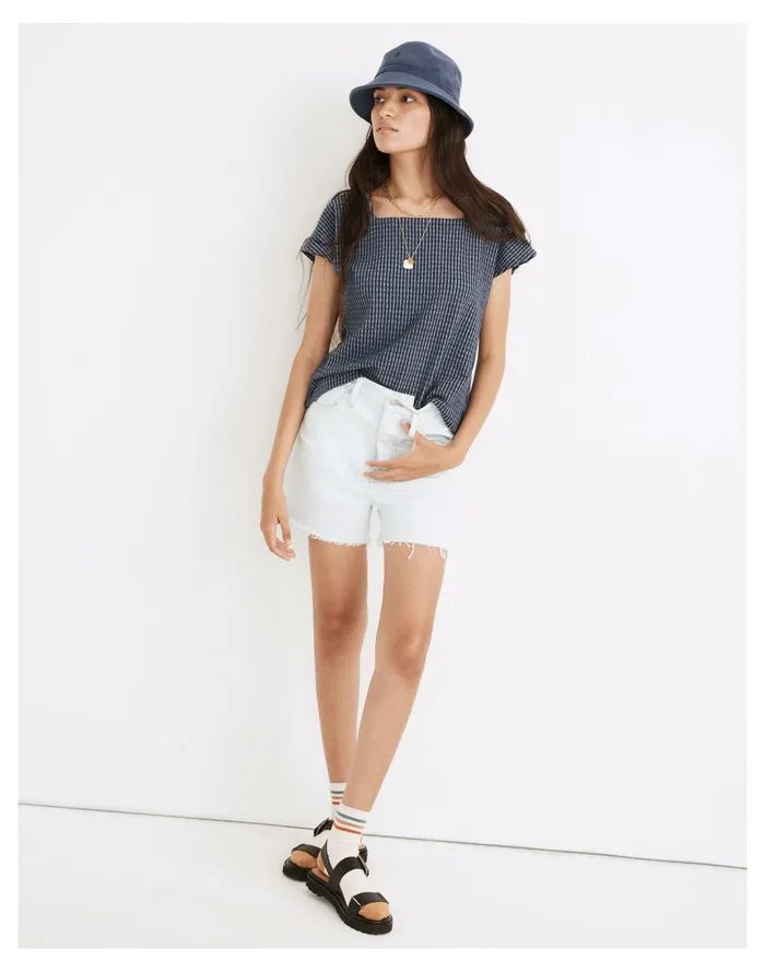 Women Gingham Knit Square Neck Top Bengali Indigo Madewell Tees