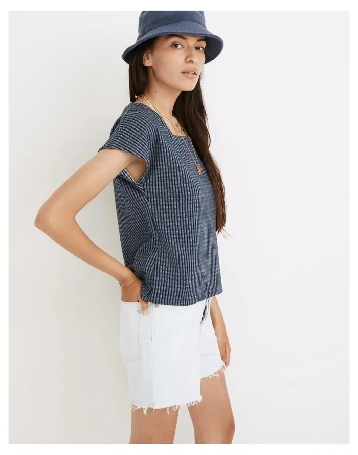 Women Gingham Knit Square Neck Top Bengali Indigo Madewell Tees Women Gingham Knit Square Neck Top Bengali Indigo Madewell Tees