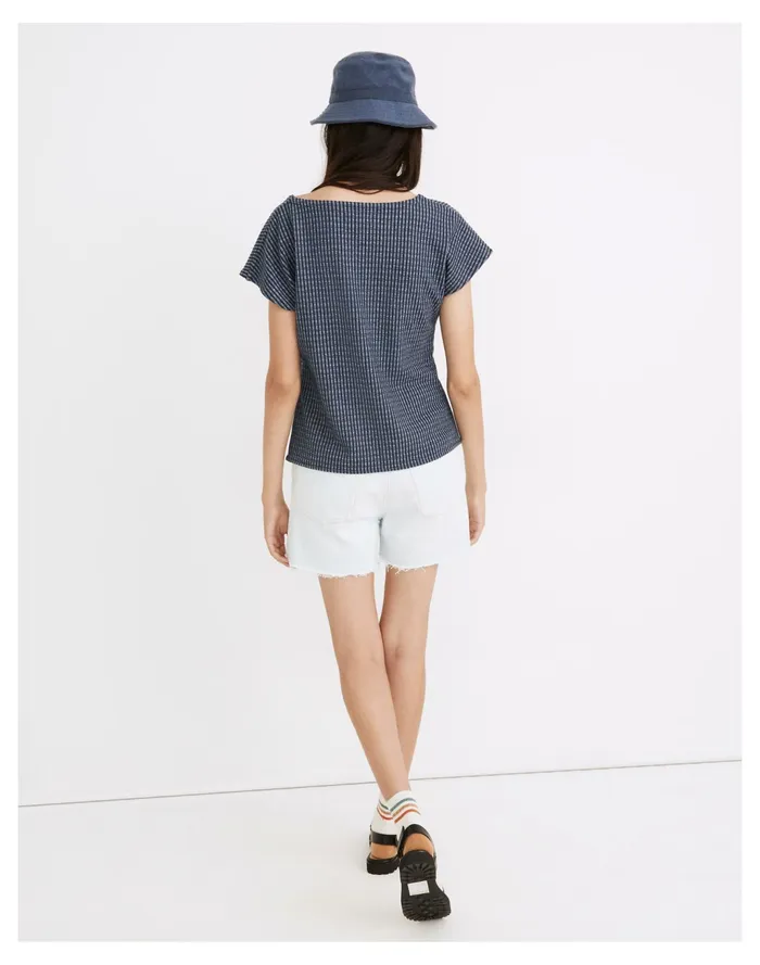 Women Gingham Knit Square Neck Top Bengali Indigo Madewell Tees Women Gingham Knit Square Neck Top Bengali Indigo Madewell Tees