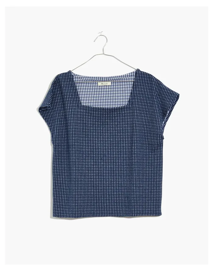 Women Gingham Knit Square Neck Top Bengali Indigo Madewell Tees Women Gingham Knit Square Neck Top Bengali Indigo Madewell Tees