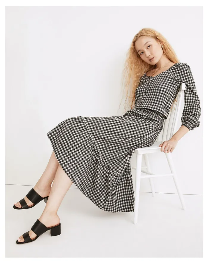 Women Gingham Seersucker Knit Pull On Midi Skirt True Black Madewell Skirts
