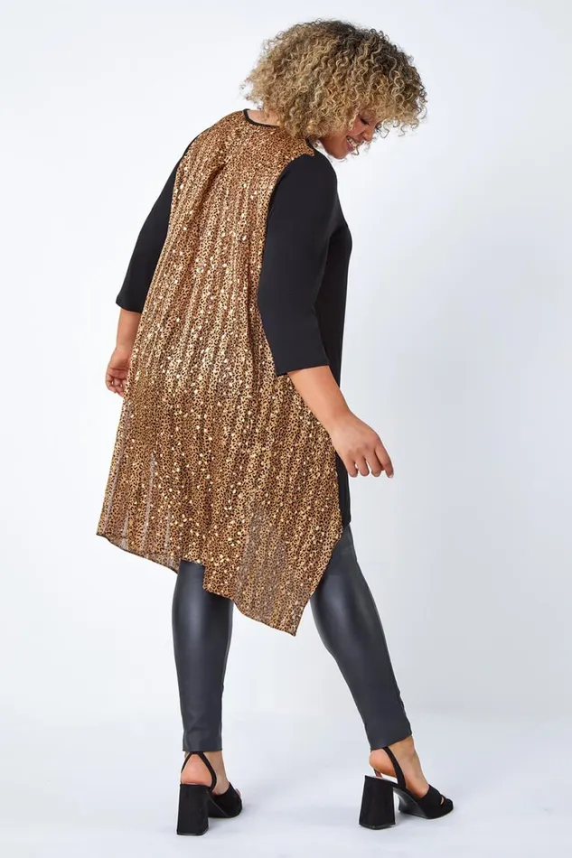 Women Gold Curve Animal Chiffon Back Stretch Top Roman Tops