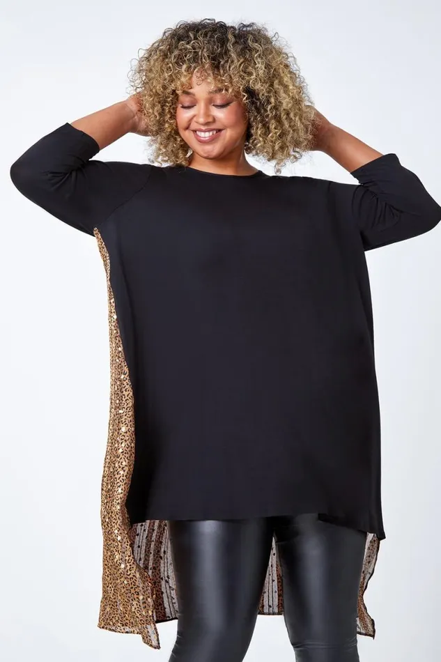 Women Gold Curve Animal Chiffon Back Stretch Top Roman Tops