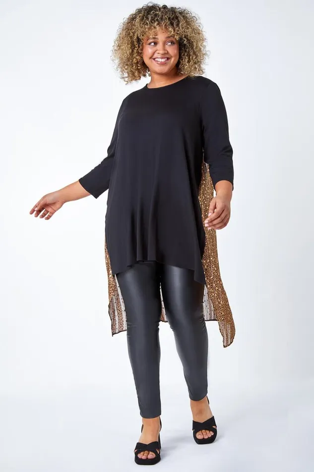 Women Gold Curve Animal Chiffon Back Stretch Top Roman Tops