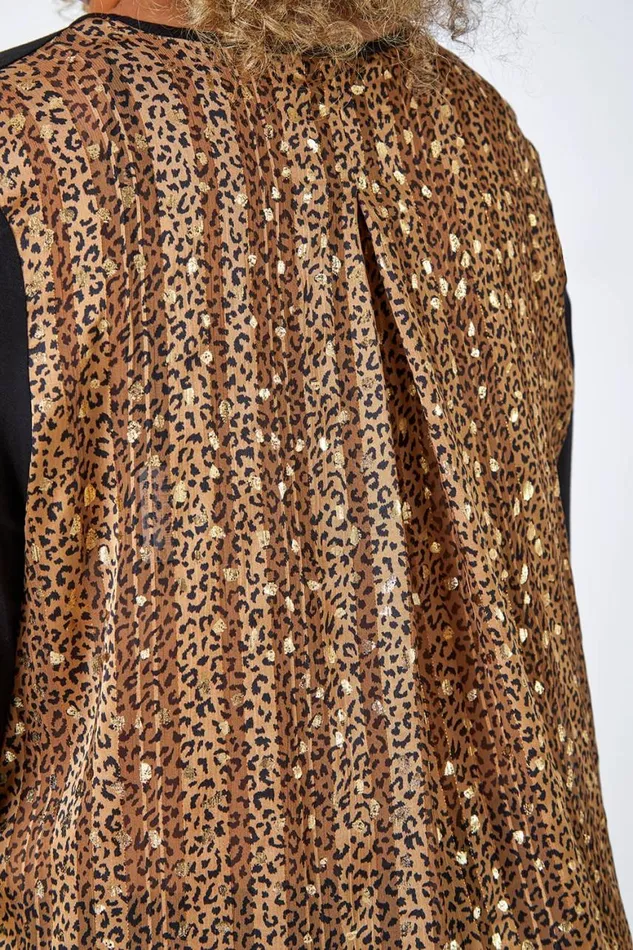 Women Gold Curve Animal Chiffon Back Stretch Top Roman Tops
