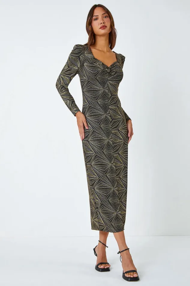 Women Gold Geometric Glitter Print Midi Stretch Dress Roman Dresses