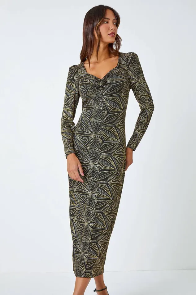 Women Gold Geometric Glitter Print Midi Stretch Dress Roman Dresses