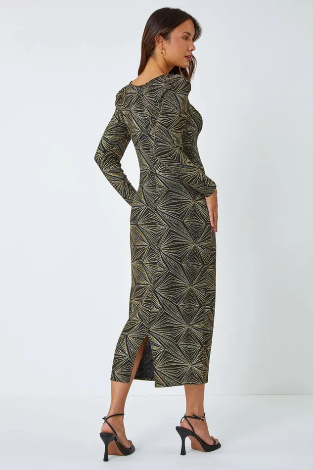 Women Gold Geometric Glitter Print Midi Stretch Dress Roman Dresses