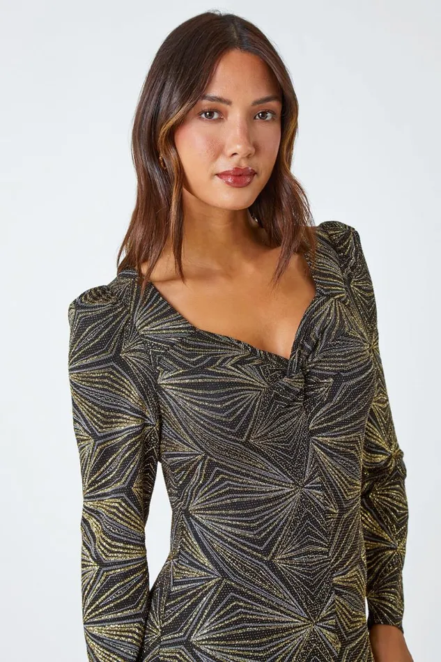 Women Gold Geometric Glitter Print Midi Stretch Dress Roman Dresses