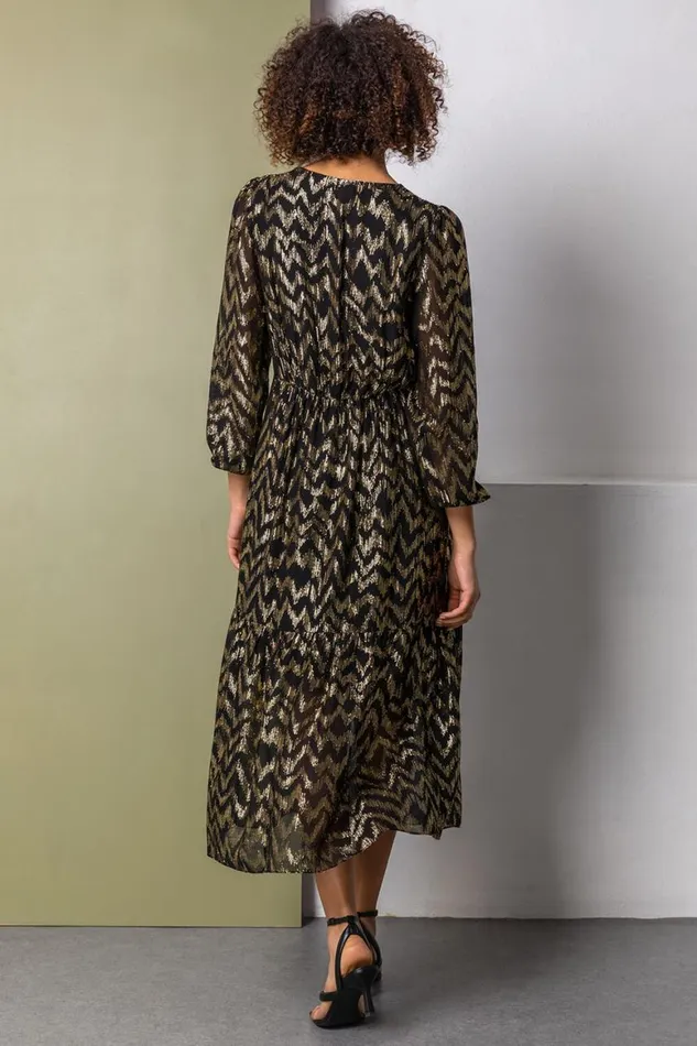 Women Gold Metallic Zig Zag Tiered Midi Dress Roman Dresses