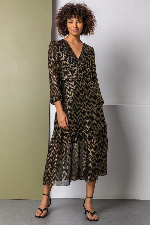 Women Gold Metallic Zig Zag Tiered Midi Dress Roman Dresses