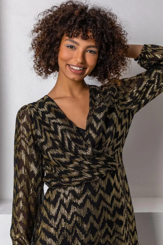 Women Gold Metallic Zig Zag Tiered Midi Dress Roman Dresses