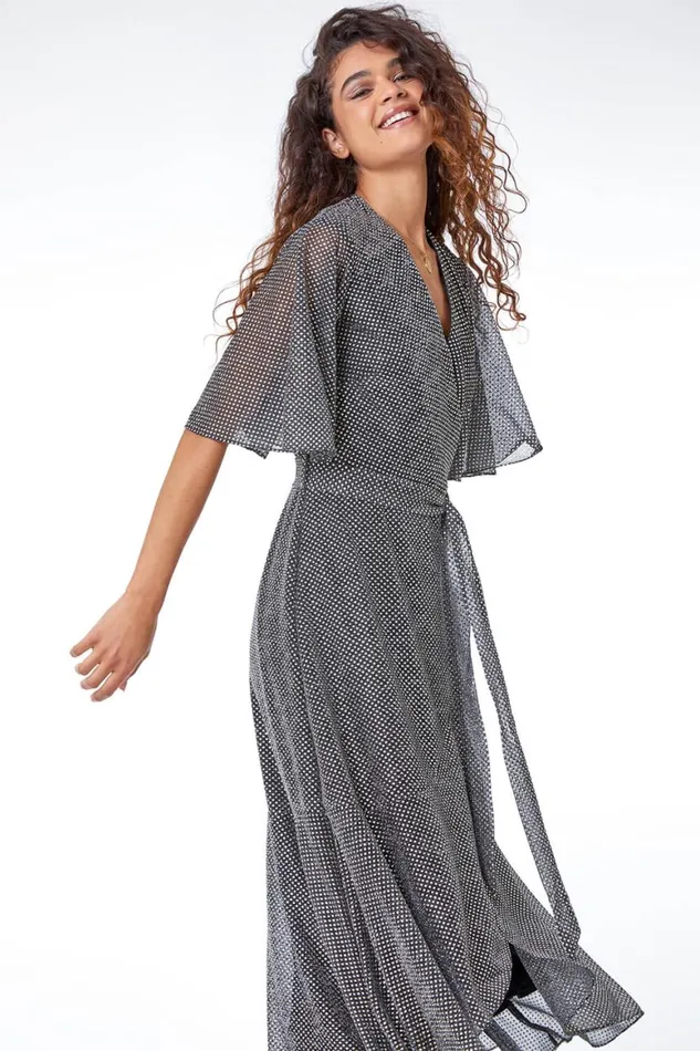 Women Gold Shimmer Spot Ruched Wrap Midi Dress Roman Dresses